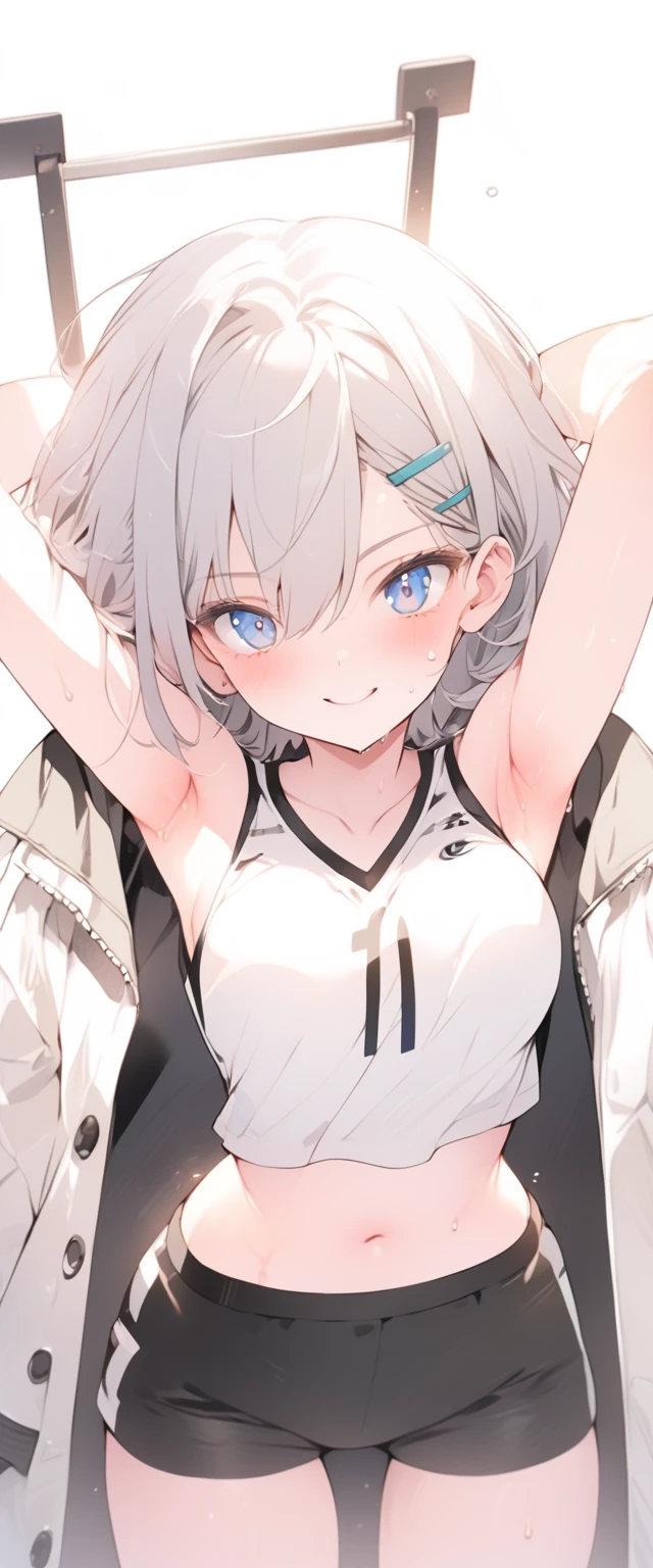 beautiful, masterpiece, Highest quality, anime, One girl, C Cup,Portrait Shot, View your viewers, Covered、Short Hair、nearby、Blue Eyes、art、、White hair,Blue streaked hair、hairpin、Cute smile、Thighs、Cute、Sweat、Volleyball uniform、Shorts、navel、Armpit、Armpit広げ、coat、gym、Battle Dooooooooom！