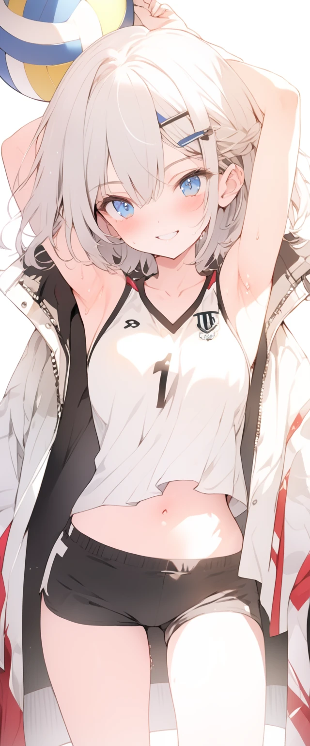 beautiful, masterpiece, Highest quality, anime, One girl, C Cup,Portrait Shot, View your viewers, Covered、Short Hair、nearby、Blue Eyes、art、、White hair,Blue streaked hair、hairpin、Cute smile、Thighs、Cute、Sweat、Volleyball uniform、Shorts、navel、Armpit、Armpit広げ、coat、gym、Battle Dooooooooom！