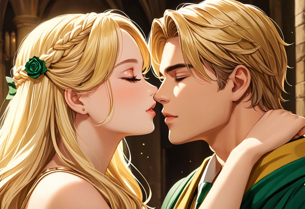 Casal blond, homem Sonserina blond, Hufflepuff Hufflepuff and blonde, Slytherin men fall in love in the enchanted world of Hogwarts, blond, Mulher Lufa Lufa loira e Homem Sonserina blond se envolvem em uma história de amor mágica. The scene unfolds with breathtaking beauty and attention to detail, com beijo apaixonado do casal de blonds, Obra de arte blond. As we delve deeper into this scene, the expertly crafted visuals capture the essence of their love. Os Cutes olhos detalhados da mulher de Lufa Lufa loira brilham com uma sensação de admiração, drawing you into their enchanting connection. O olhar intenso do homem blond de Sonserina blond reflete sua admiração afetuosa por ela, the depth of your emotions radiating from your soulful eyes. Your lips meet in a tender embrace, Portrayed with delicate precision and captivating realism. Os intrincados detalhes de seus lábios formam uma união perfeita de blonds, your love immortalized by masterful brushstrokes. Homem blond da casa de Sonserina blond e Mulher loira da casa de Lufa Lufa loira, couple kiss in love, Cutes, apaixonados blonds