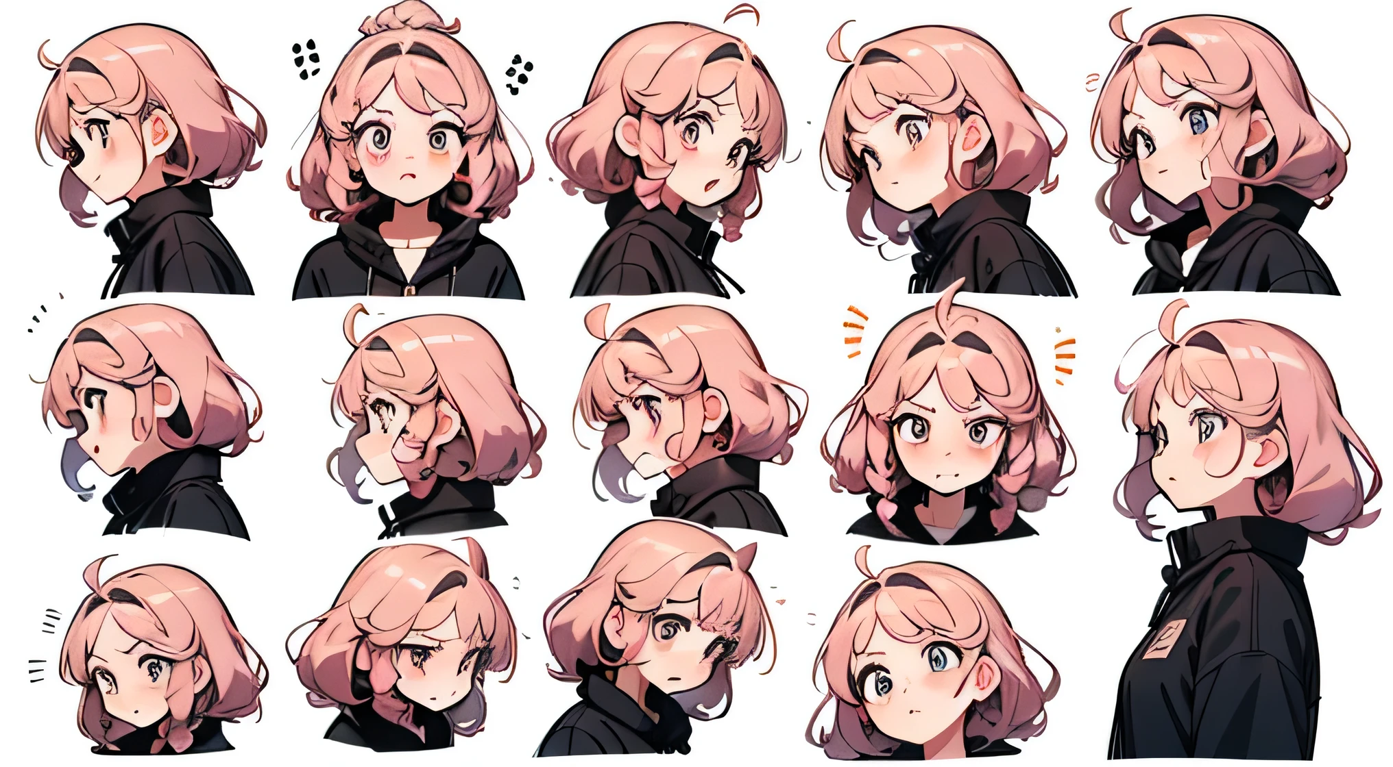 24 year old, pink hair girl, Shoulder-length hair, (((many expression))), happy, sad, angry, shocked, surprised, ((curly hair)) (((detailed character sheet, frontal view, side view, three quarter view))) (((white background))), each expression same size,