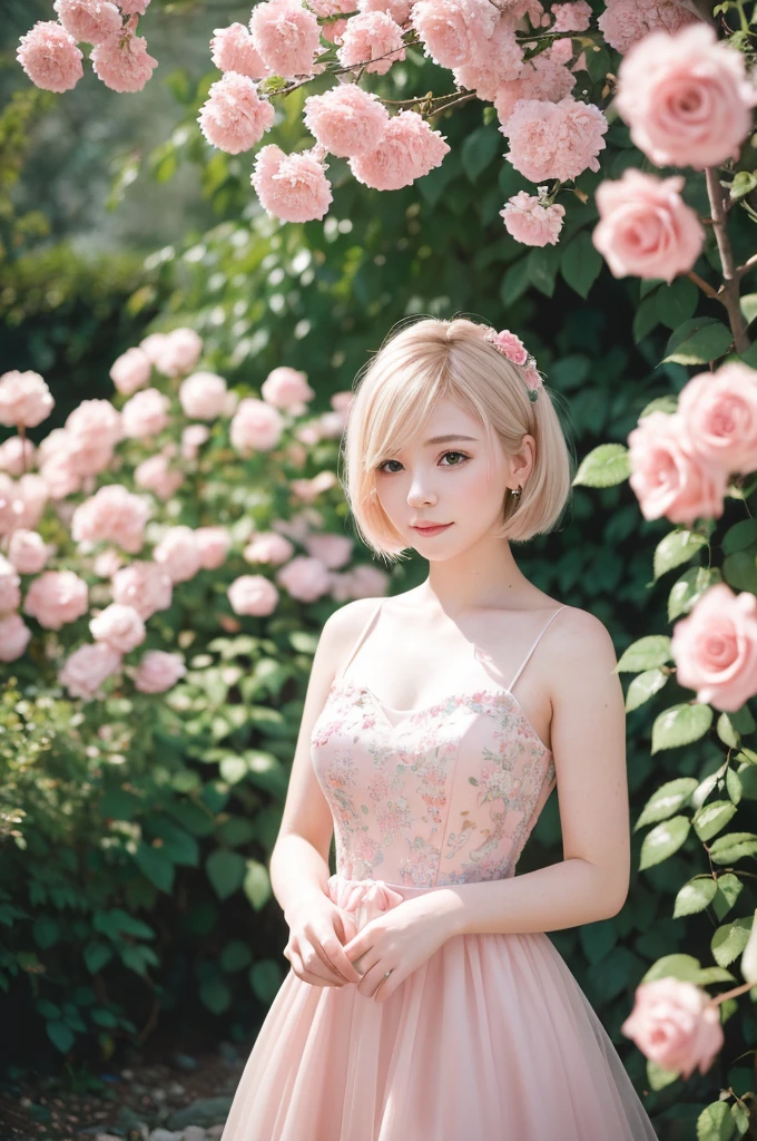 8K, RAW Photos, Fujifilm, Avril-like style photo of a beautiful young woman in a garden of pale pink roses (Highly detailed skin: 1.2) Style Petal Break Short Hair, Blonde and colored hair, Wearing a dress, Film Granulation, 35mm, Cute Style