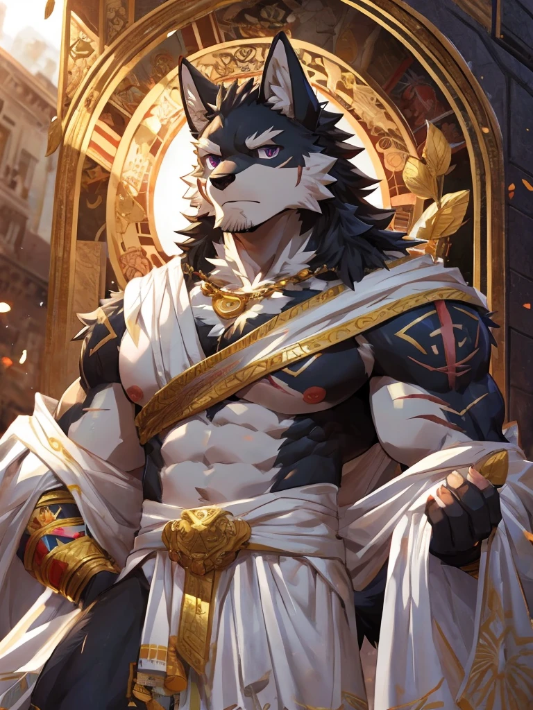 embedding:black wolf, male,purple eyes,Scar on the face, scar on the body,Single person,Toga,Costumes of ancient Greece,White clothes,Gold decoration,White halo overhead,Sacred tattoos,sacred,Expressions and movements full of divinity,A serious expression,The highest quality of scene detail,adult,Tall and powerful,muscle,Best quality hands, best quality eye,detailed fur,Delicate eyes.Extreme picture quality,by sollyz,by zixiong,by milkytiger1145