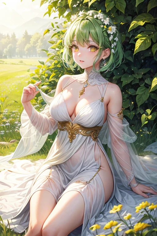 Goddess of nature, short hair with a braided part on the side, white skin, short green Spanish dress, gorgeous body, yellow eyes, perfect meadow background