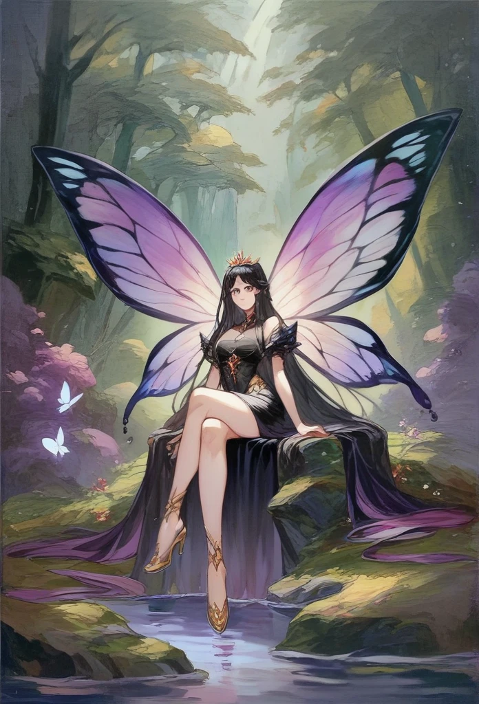 ASCII(score_9, score_8_up:1.1), score_7_up, 1girl, , black hair, long hair,  butterfly wings, glossy black skirt, glossy black top, void forest, sitting on rock, crossed legs, purple water, magical, golden tiara void  