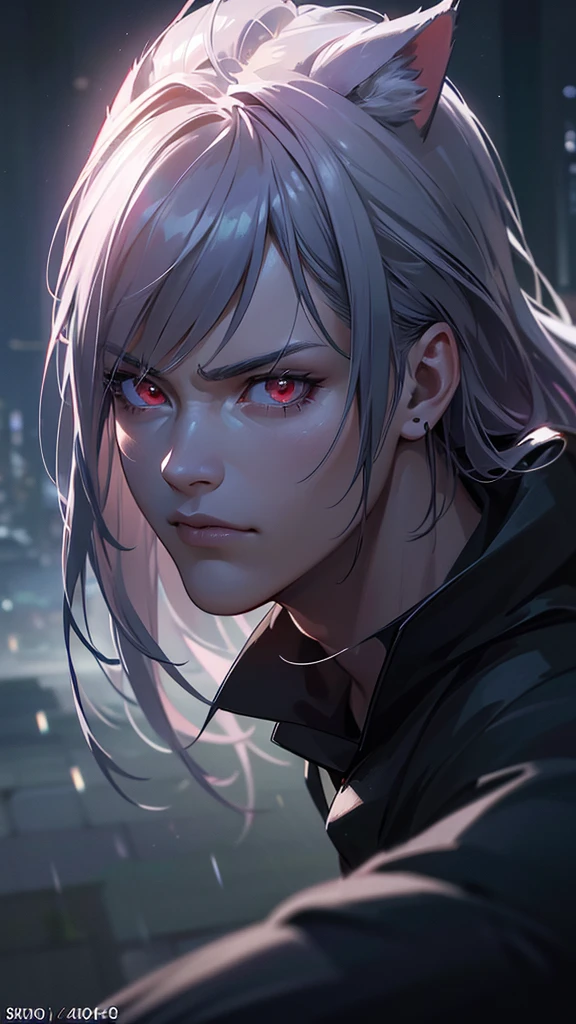 a male catkin ninja, 20 years old, with gray hair, red eyes, cat ears and a cat tail, half of his face obscured, blending into the dark night, dimly lit by the pale moonlight, bokeh effect, (best quality,4k,8k,highres,masterpiece:1.2),ultra-detailed,(realistic,photorealistic,photo-realistic:1.37),detailed face and features,highly detailed eyes and expression,extremely detailed ninja outfit,dark and moody atmosphere,dramatic lighting
