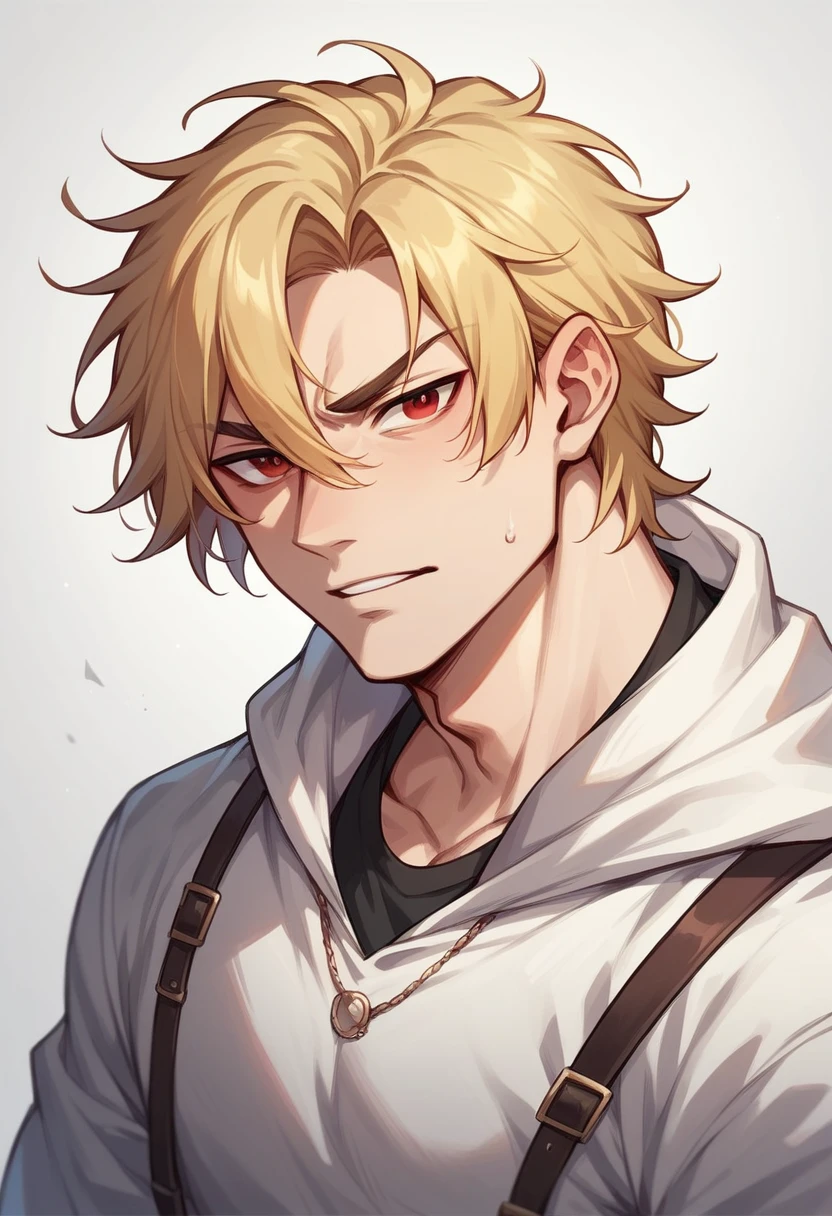 A man with long blonde hair and red eyes who is breathtaking handsome