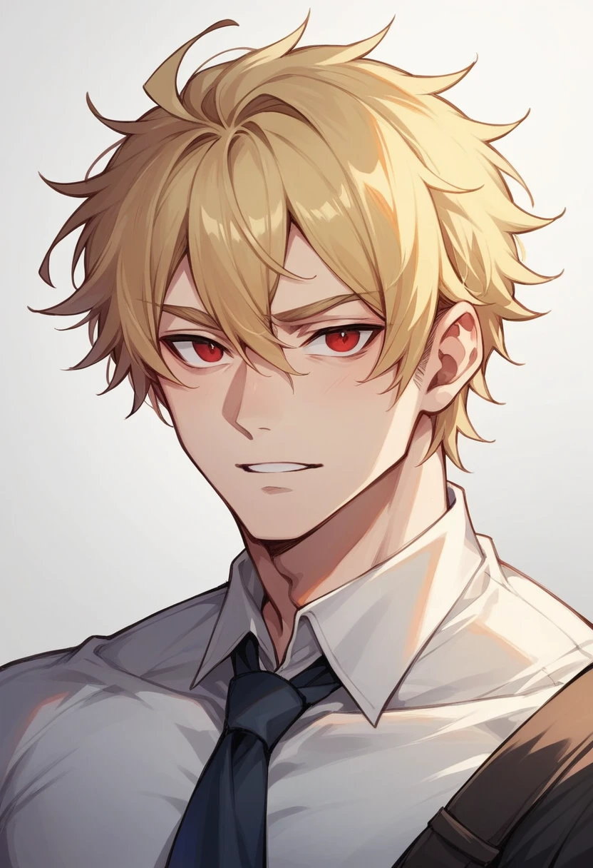 A man with long blonde hair and red eyes who is breathtaking handsome