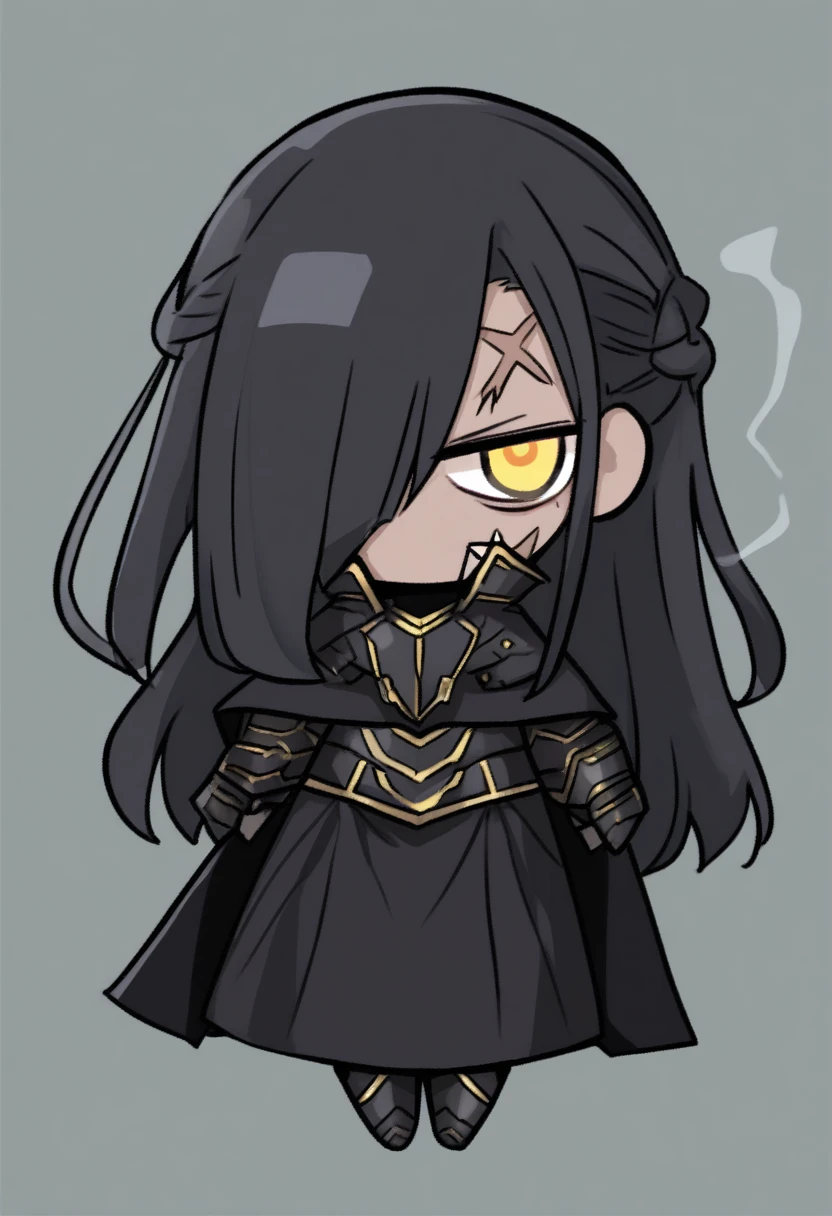 {{{kame (kamepan44231), no humans, chibi, jitome, fumo (doll)}}}, full body, 1 woman, solo, mature female, golden eyes, black hair, french braid, long hair, black armor, black cape, looking at viewer, facing viewer, simple background, cigarette, smoking, angry, scar, scar over eye