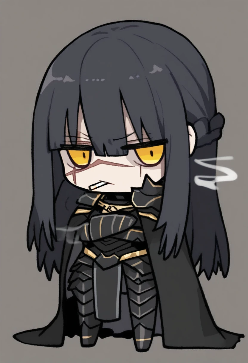 {{{kame (kamepan44231), no humans, chibi, jitome, fumo (doll)}}}, full body, 1 woman, solo, mature female, golden eyes, black hair, french braid, long hair, black armor, black cape, looking at viewer, facing viewer, simple background, cigarette, smoking, angry, scar, scar over eye