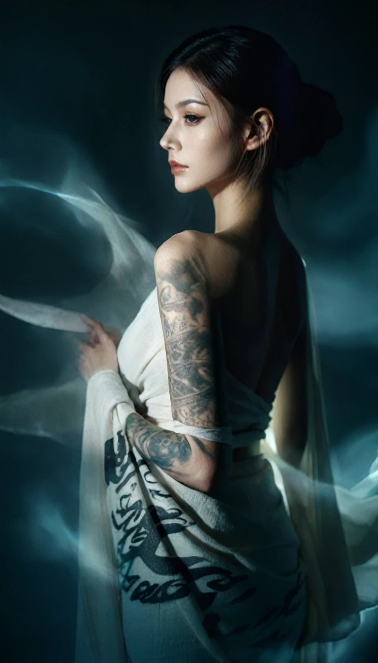Double Exposure Style,Volumetric Lighting,a girl (Supermodel) with Wrap top,arching her back, beautiful tattoo, Traditional Attire,Artistic Calligraphy and Ink,light depth,dramatic atmospheric lighting,Volumetric Lighting,double image ghost effect,image combination,double exposure style,