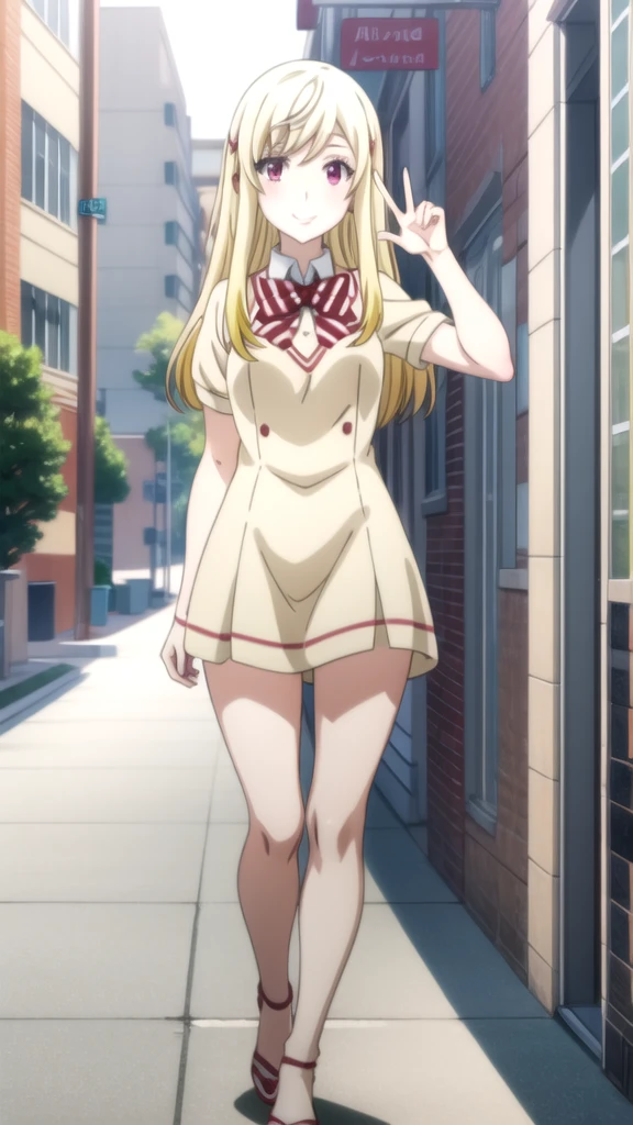 Chica anime in a pink shirt and white skirt walking down a street, seductive Chica anime, attractive Chica anime, oppai, Mejor Chica Animé, anime visual de una linda chica, cute Chica anime, pretty Chica anime, an Chica anime, beautiful Chica anime, Chica anime, lindo anime waifu con un bonito vestido, hermosa seductora anime adolescente, young Chica anime yamada_yellow, 1chica , by rubio, alone, wide, hair ornament, , smile, bow, red eyes my dress darling anime, beautiful seductress anime 