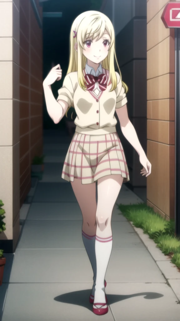 Chica anime in a pink shirt and white skirt walking down a street, seductive Chica anime, attractive Chica anime, oppai, Mejor Chica Animé, anime visual de una linda chica, cute Chica anime, pretty Chica anime, an Chica anime, beautiful Chica anime, Chica anime, lindo anime waifu con un bonito vestido, hermosa seductora anime adolescente, young Chica anime yamada_yellow, 1chica , by rubio, alone, wide, hair ornament, , smile, bow, red eyes my dress darling anime, beautiful seductress anime