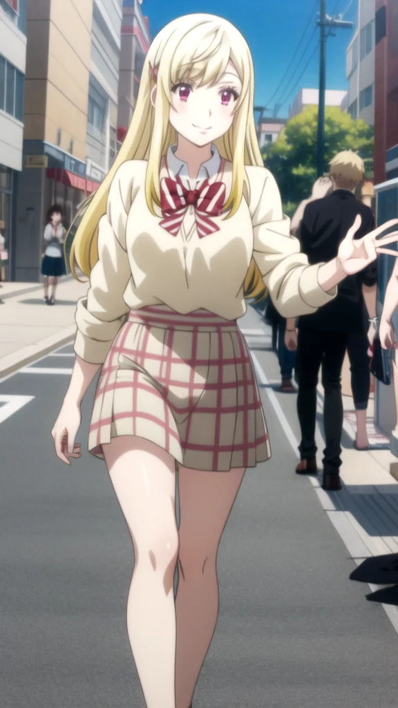 Chica anime in a pink shirt and white skirt walking down a street, seductive Chica anime, attractive Chica anime, oppai, Mejor Chica Animé, anime visual de una linda chica, cute Chica anime, pretty Chica anime, an Chica anime, beautiful Chica anime, Chica anime, lindo anime waifu con un bonito vestido, hermosa seductora anime adolescente, young Chica anime yamada_yellow, 1chica , by rubio, alone, wide, hair ornament, , smile, bow, red eyes my dress darling anime, beautiful seductress anime