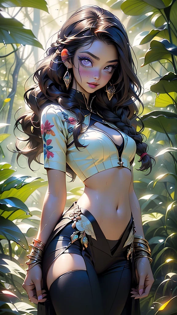 girl from ancient Egypt,1girl,
(large breasts:1.4),((((long twin braids,tight braids,long braid,braided hair,long hime cut,dark hair,black hair,colored inner hair)))),(((purple_eyes:1.3))),intricate eyes,beautiful detailed eyes,symmetrical eyes,((((lustrous skin:1.5,tanned skin,bright skin: 1.5,skin tanned,shiny skin,very shiny skin,shiny body,Reflective skin)))),(spider lower abdomen,narrow waist,wide hip,athletic body,inflated legs,thick thighs,delicate detailed fingers,(detailed face)),beautiful detailed lips,
cute,slutty,sensual,seductive look,seductive,((erotic)),opulent,sumptuous,((nsfw)),
(((eyeshadow,egyptian makeup,eyelid makeup))),zettai ryouiki,revealing clothing,show skin,(fractal clothes:1.2),colorful bikini,(zentangle neon clothes:1.2),(traditional dress:1.2,navel:1.5),(many colors clothes:1.4),Amalfi dancer in colorful bikini,oriental bikini,Wearing Dunhuang costumes,(((wet clothes,intricate outfit,embroidered outfit,ornate outfit,embroidered clothes,ornate clothes))),
(flirtatious pose:1.3), looking at viewer,embarrassed,(centered,scale to fit dimensions,Rule of thirds),
((((many fireflies,fireflies,glowing fireflies,fireflies in the background)))),
((forest rainy day, at night)),with dark stormy clouds,winter,scenery:1.25,intricate scenery,((forest rainy day background)),
(Glossy egyptian ornaments),highres,sharp focus,(ultra detailed,extremely detailed),(photorealistic artwork:1.37),(extremely detailed CG unity 8k wallpaper),(((vibrant colors,vibrant theme))),(intricate),(masterpiece),(best quality),artistic photography,(photography taken by sldr),(intricate background),perfect rendered face,perfect face details,realistic face,photo realistic,((intricate detail)),(((realism))),