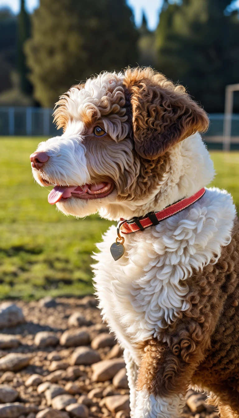 There is no one, realistic photo, photo realism, realism, Lagon Canoleco(Lagotto Romagnolo), perfect composition, intricate details, Very sharp, masterpiece, profile, high resolution, looking at the viewer, Full body photo in the dog park