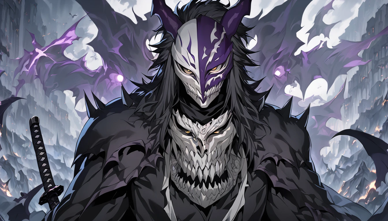 demon mask, sword on the hand,close up, black heavy detailed clothes, hand katana, art, dark and malevolent, hand sword, armor, powerful and intimidating, (masterpiece, best quality, ultra-detailed, best shadow), (detailed background, dark fantasy) dramatic light, intricate details, dark and malevolent, powerful and intimidating, Dark and foreboding, malevolent force, sinister and chilling, armor, high detailed background, girl in demon slayer art, demon slayer art style, epic anime art, God death