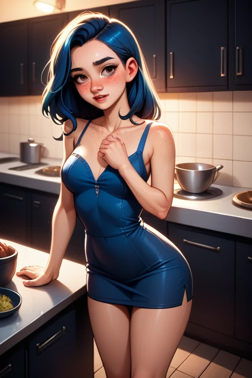 tall asian-caucasian woman; 31 years old; long black hair with blue highlights; almond-shaped brown eyes; pale Caucasian skin with freckled cheeks; slender build; perky breasts; form-fitting casual dress; futuristic; dystopian; cyberpunk; Disney-style, CGI; best quality; high definition; trending on artstation; complex volumetric lighting; at home; bent over kitchen bench; cock in her pussy; shot from above and behind; cumming hard; blushing a lot