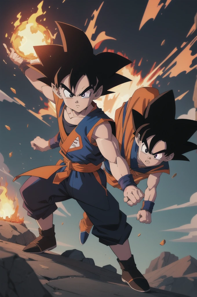 Manga style, illustration, line art style, high quality, manga masterpiece, highres, very detailed, digital illustration, small Kid Goku and Piccolo, Dragonball, black hair, spiked hair, real goku clothes orange color, black belt and black shoes, fire ball, dougi, outdoors,fighting,