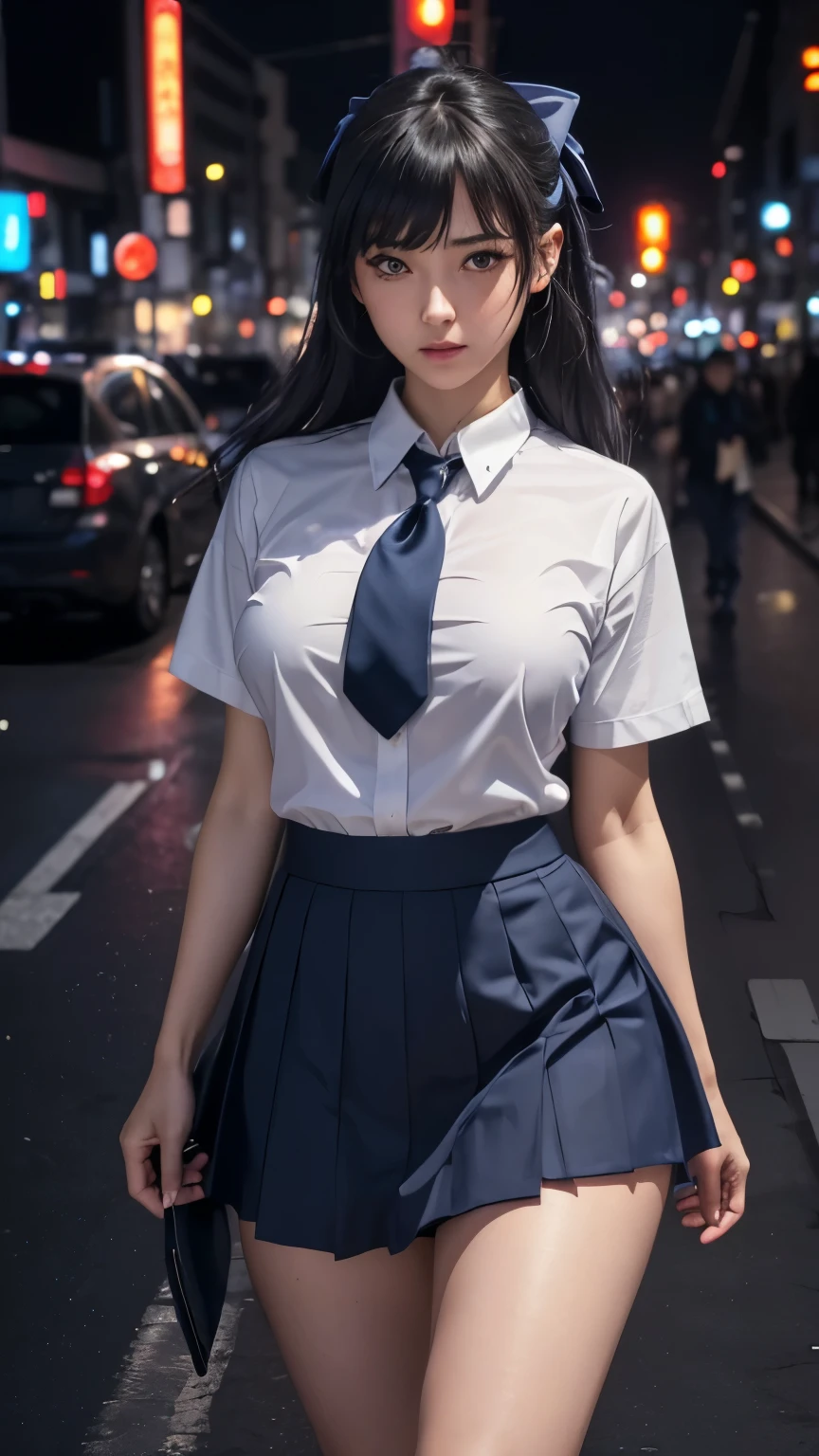 (8K, RAW Photos, masterpiece:1.3), (Realistic, photo-Realistic:1.37), (night), (View your viewers:1.331), (Gray Hair), Pause, Tokyo Street, nightcityscape, Cyberpunk City, Soft Light, One girl, Very beautiful face, bust, Put your hands down, Random hairstyle, Random representation, Big eyes, Lower abdomen, (Short sleeve .JK_shirt), JK_style, (dark blue JK_skirt), (bow JK_tie), Mix 4., Highest quality Dirty Body Upper Body Sweaty Big Breasts Expose Fluid from nipples Reverse Rape Slimy saliva Urinating Watching the audience Attractive body Muscular lure sweating 胸をExpose