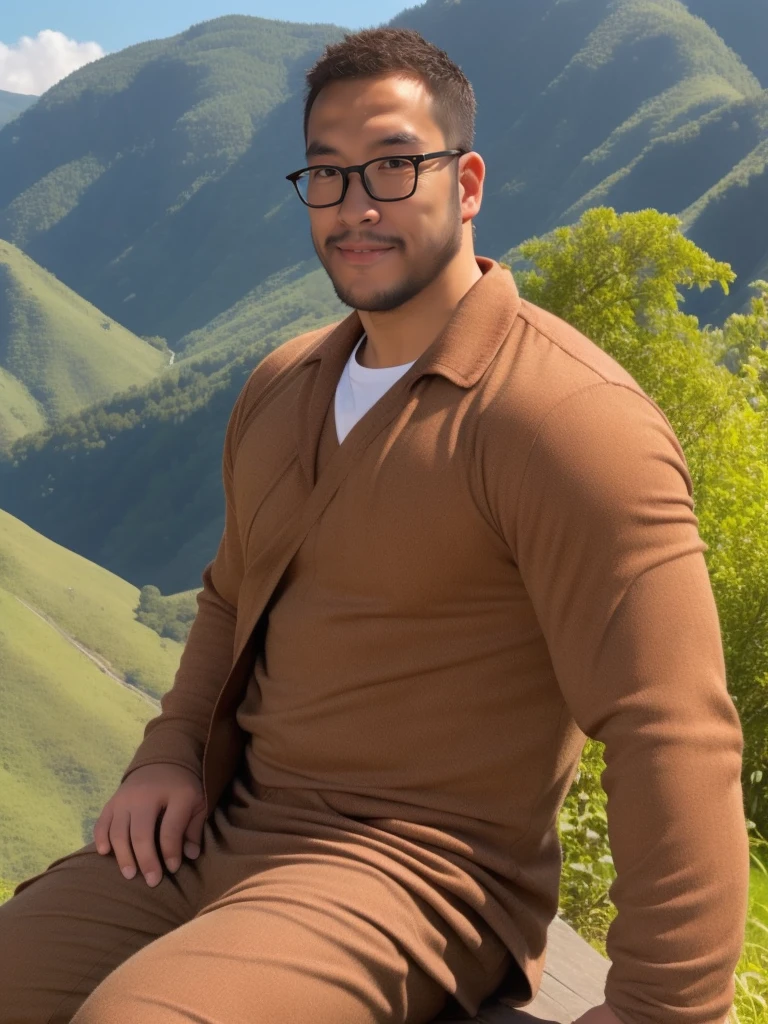 An award-winning original photo，a handsome 38-year-old man, crew cut, (((full body))), (((landscape))), mature man, [slightly fat], asian man, brown eyes, rounded face, glasses, slightly balding, 1boy, Solo, (big shoulders), (((stubbles, Short beard))), (((full beard))), (Beautiful eyes:1.3), (Detailed face:1.3), king costume, in the royal palace, throne,