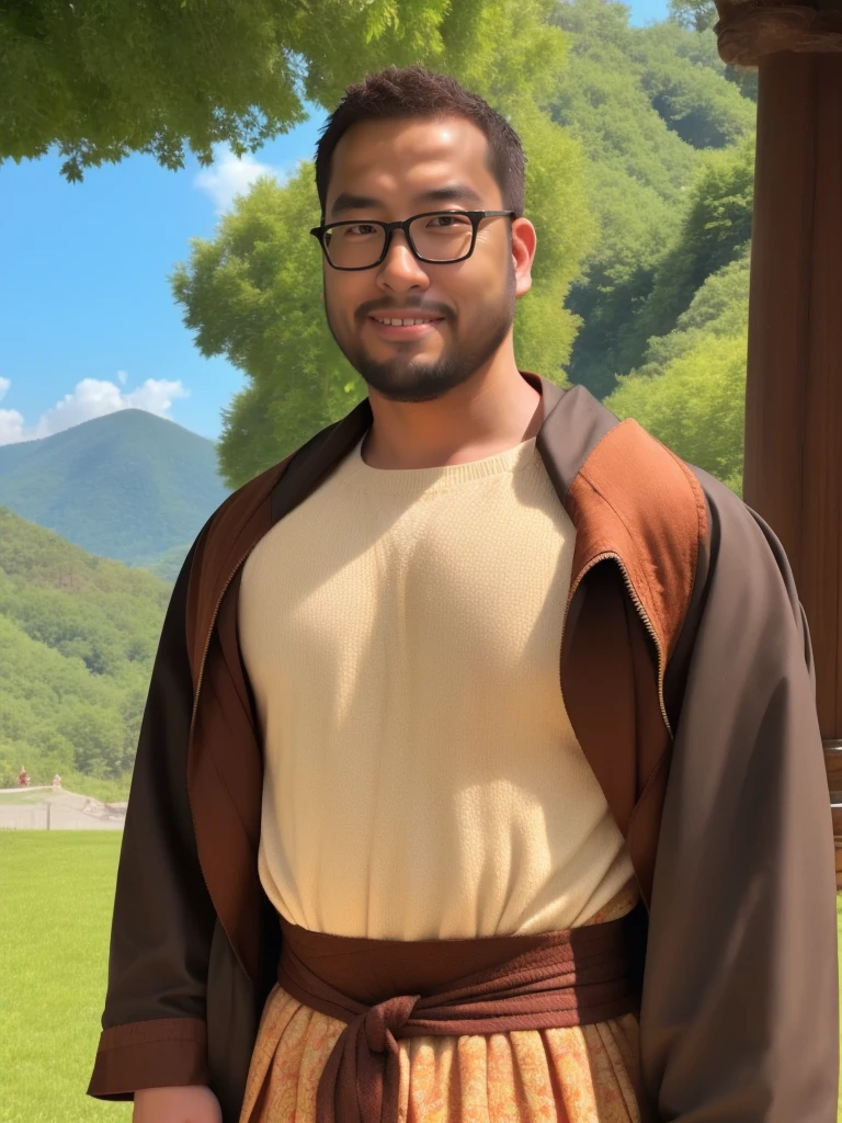 An award-winning original photo，a handsome 38-year-old man, crew cut, (((full body))), (((landscape))), mature man, [slightly fat], asian man, brown eyes, rounded face, glasses, slightly balding, 1boy, Solo, (big shoulders), (((stubbles, Short beard))), (((full beard))), (Beautiful eyes:1.3), (Detailed face:1.3), king costume, in the royal palace, throne,