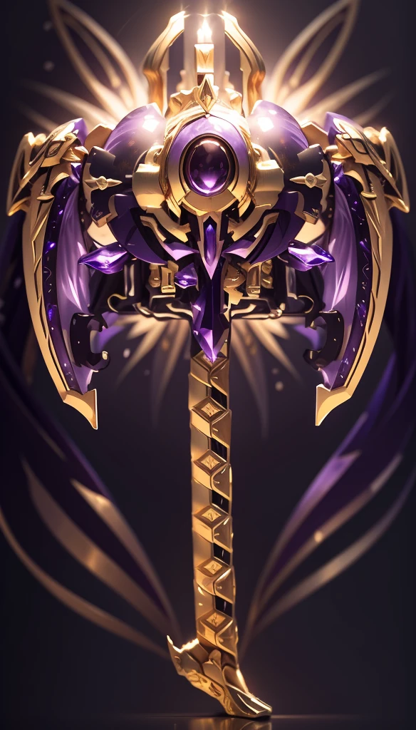 The whole face is a mixture of gold and purple，There are many gorgeous carvings all over the body，Let them coexist，This can also be done around the eyes. The entire surface should be transparent purple and gold，There are no other colors.，Does not contain any other colors.，Amethyst and gold veins are transparent，There should be a lot of crystal effects like transparent crystal，Add some gold thread for decoration。The color changes to purple and gold，Some purple and gold（Ensure its layering and armor texture，Purple is the main color，Add some gold for decoration）