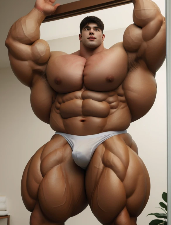 1boy, giant, alone, giant bodybuilder, illuminating light, strong body, bulk, large size, standing, with white background, indoor, nude, armpit, white triangular underwear, thick bulge, scratch his bulge, extraordinary big, brutalmass, giant muscular body, bulk, buff, massive body, large meaty body size, extremely wide body