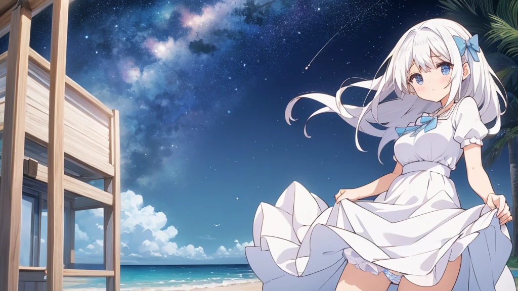 A nice white shirt that lets you see. 、Light blue flared skirt with ruffles、She lifts her skirt with both hands to show off her pretty white underwear.、Cute white underwear visible when you lift your skirt.、sandy beach, beautiful sea, night and starry sky small breasts 