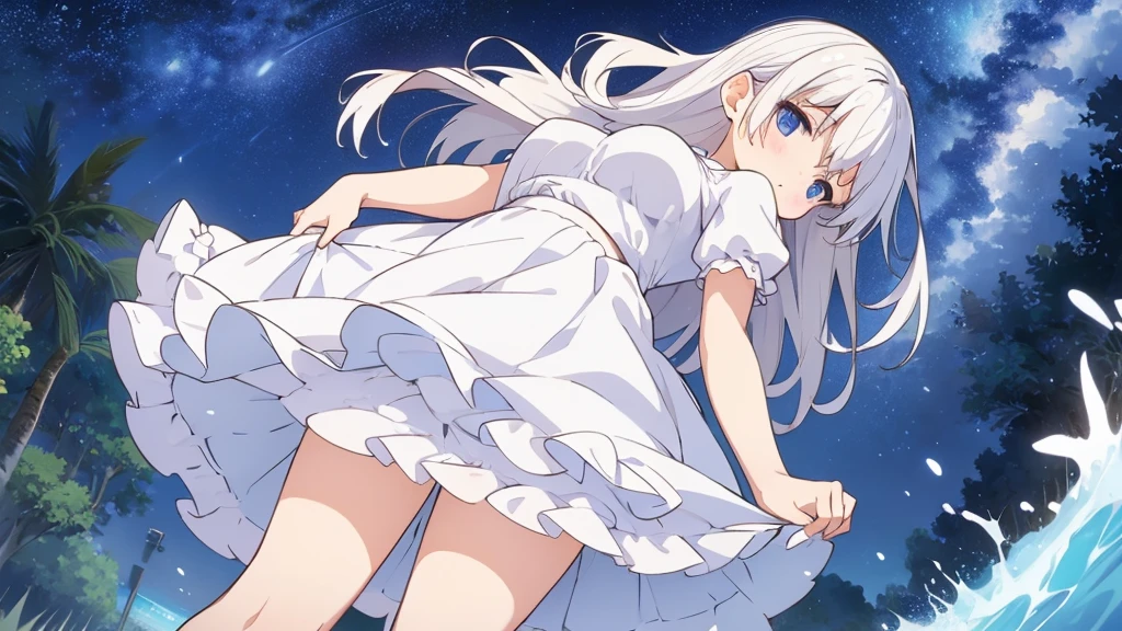 A nice white shirt that lets you see. 、Light blue flared skirt with ruffles、She lifts her skirt with both hands to show off her pretty white underwear.、Cute white underwear visible when you lift your skirt.、sandy beach, beautiful sea, night and starry sky small breasts 