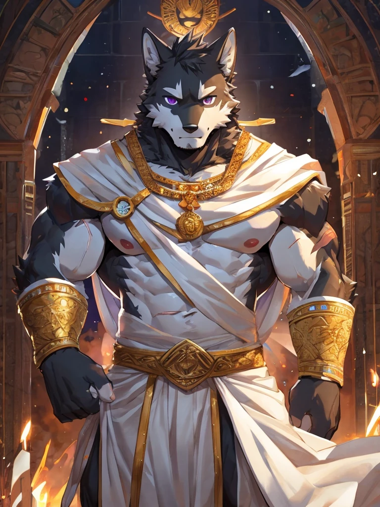 embedding:black wolf, male,purple eyes,Scar on the face, scar on the body,Single person,Toga,Costumes of ancient Greece,White clothes,Gold decoration,White halo overhead,Sacred tattoos,Laurel,A sacred gesture,Stubble,sacred,Expressions and movements full of divinity,A serious expression,The highest quality of scene detail,adult,Tall and powerful,muscle,Best quality hands, best quality eye,detailed fur,Delicate eyes.Extreme picture quality,by sollyz,by zixiong,by milkytiger1145