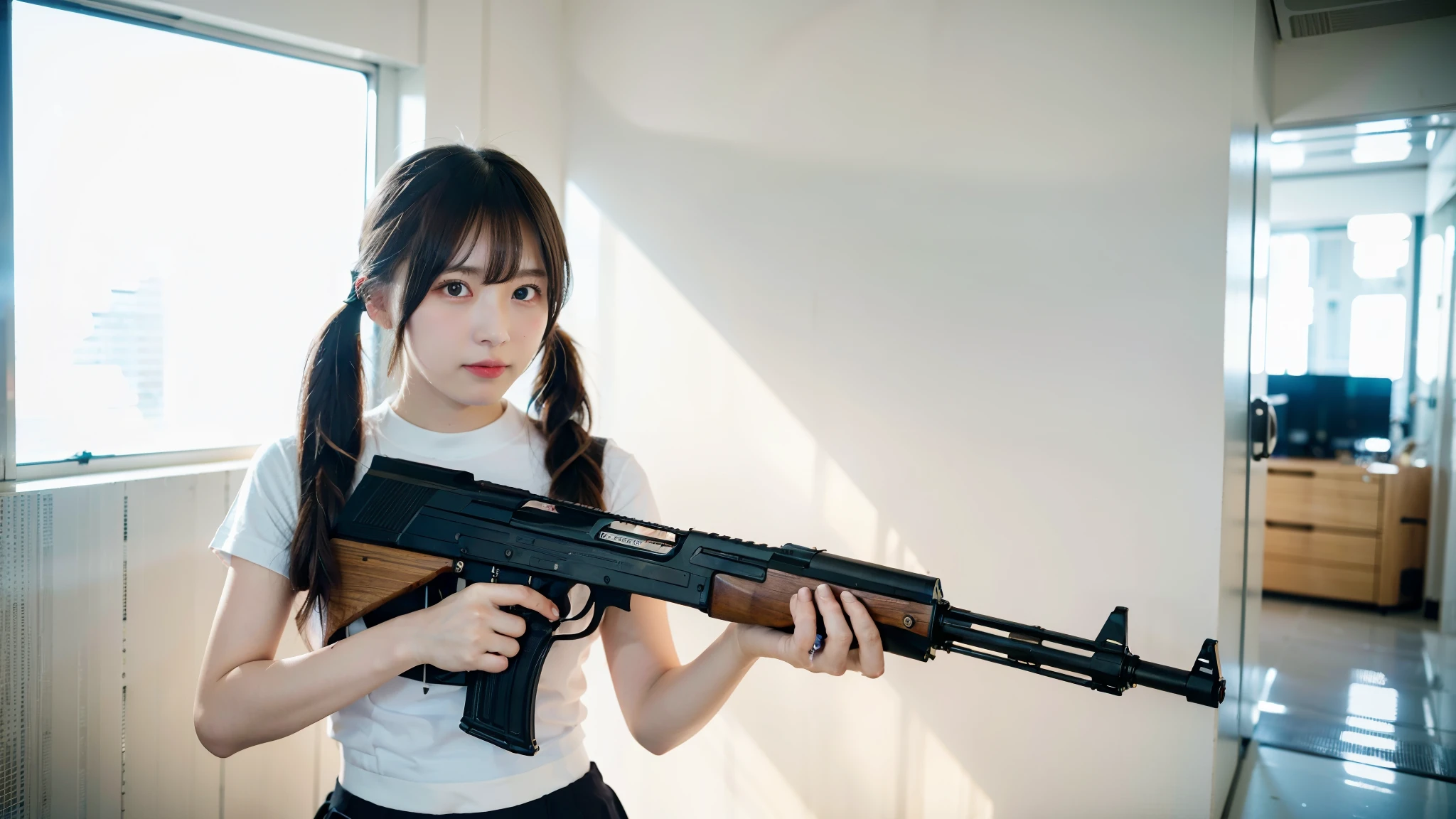 Top quality, 1 beautiful woman, ((Twintails)), wearing T-shirt, mini skirt, holding_gun, (ak-47:1.2), 50mm lens, f/1, Moody Lighting, (white background: 1.2), (at Futuristic city:1.5)