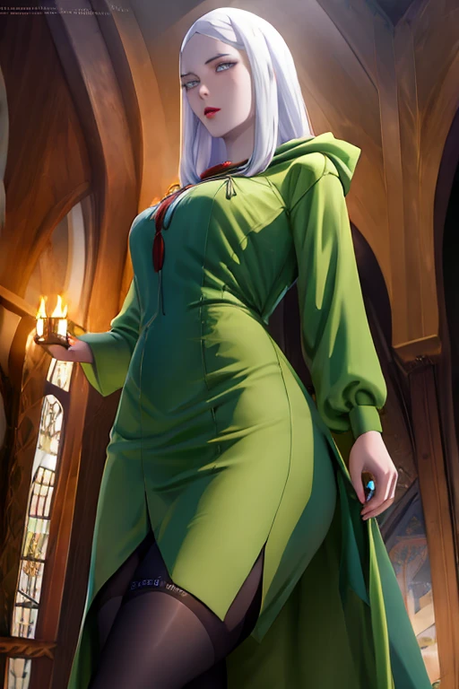 carmilla, medium breasts, Young girl, ager ((16 years)), Witch, Witch, slytherim, green clothes, hood, hood, Hogwarts al fondo, Hogwarts, evening, night,by white, beautiful face, blue eyes, (Masterpiece:1.2), Best Quality, absurdities, high resolution, extremely detailed wallpaper, perfect lighting, from below, socks, stockings, heels, hig heels, pussy, NSFW,+18