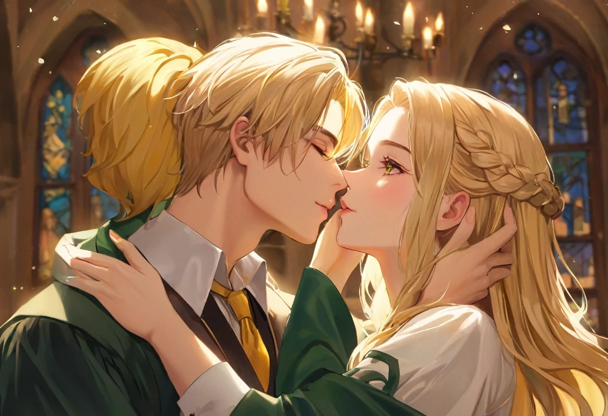 Casal blond, homem Sonserina blond, Hufflepuff Hufflepuff and blonde, Slytherin men fall in love in the enchanted world of Hogwarts, blond, Mulher Lufa Lufa loira e Homem Sonserina blond se envolvem em uma história de amor mágica. The scene unfolds with breathtaking beauty and attention to detail, com beijo apaixonado do casal de blonds, Obra de arte blond. As we delve deeper into this scene, the expertly crafted visuals capture the essence of their love. Os Cutes olhos detalhados da mulher de Lufa Lufa loira brilham com uma sensação de admiração, drawing you into their enchanting connection. O olhar intenso do homem blond de Sonserina blond reflete sua admiração afetuosa por ela, the depth of your emotions radiating from your soulful eyes. Your lips meet in a tender embrace, Portrayed with delicate precision and captivating realism. Os intrincados detalhes de seus lábios formam uma união perfeita de blonds, your love immortalized by masterful brushstrokes. Homem blond da casa de Sonserina blond e Mulher loira da casa de Lufa Lufa loira, couple kiss in love, Cutes, apaixonados blonds