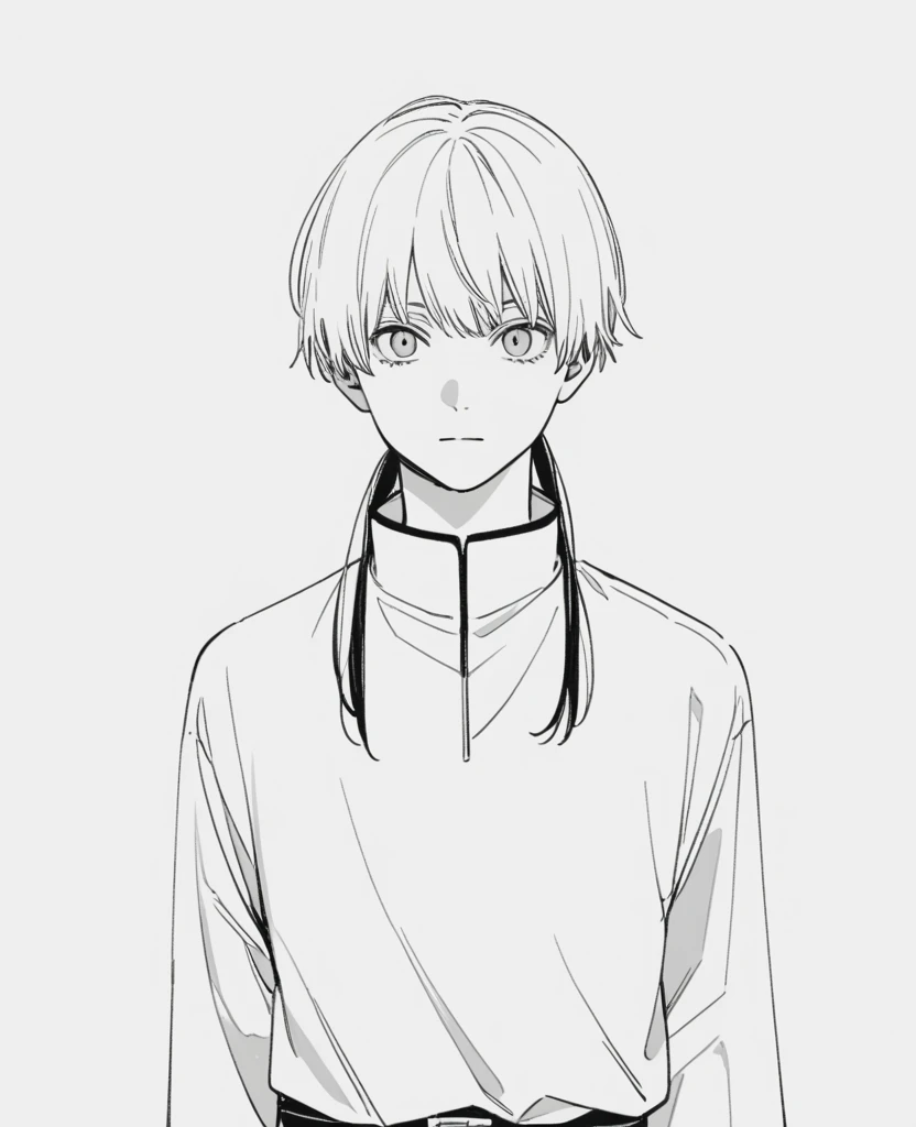 yuto-sano, 1boy, Kaneki, black hair, unique hairstyle long hair, elegant, monochrome, solo, greyscale, male focus, looking at viewer, holding a sword, front view, FRONT VIEW, FACING CAMERA
