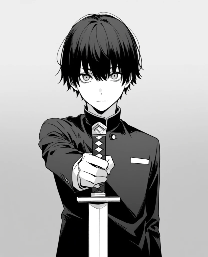 yuto-sano, 1boy, Kaneki, black  hair, unique hairstyle long hair, elegant, monochrome, solo, greyscale, male focus, looking at viewer, holding a sword, front view, FRONT VIEW, FACING CAMERA