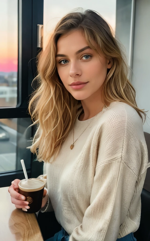 Beautiful blonde (Drinking coffee in a modern cafe at sunset), very detailled, 21 years old, inoccent face, natural wavy hair, blue colored eyes, high resolution, work of art, best qualityer, details Intricate, very detailled, Focus Clear, delicate skin, practical skin texture, texture, Delicate Eyes, proffesional, 4K, charming smile, Shooting with Canon, 85mm, Shallow and deep, kodak vision color, Perfect fit, extremely detaild, photoshot_\(extremist\), photoshotpractical, practical, Post-processing, maximum details, roughness, real-life, extremist practical, photoshotrrealismo, photoshotgraphy