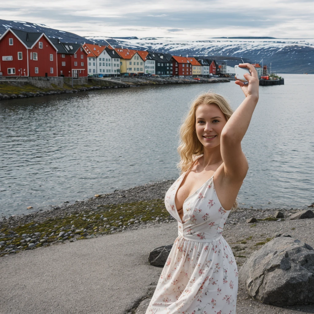 1girl, solo, natural skin, Caucasian wavy blonde, (Norwegian woman), (Norwegian ordinary woman), (30-year-old woman, body of 30-year-old Norwegian woman, 30-year-old Norwegian features), (full body shot), (MILF), curvy, big boobies, she is Ingrid Bjørnsdottir, consistent image, a 30-year-old Norwegian woman living in the sunny picturesque town of Tromsø, she is outdoor and posing for a selfie photo, she is wearing typical white printed dress, (blonde curly hair)