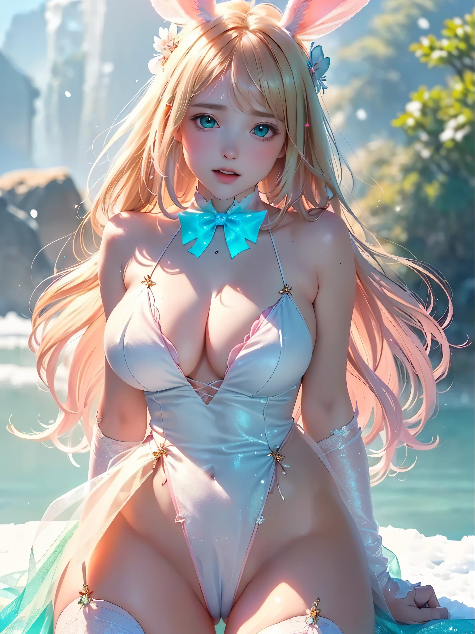 masterpiece, best quality, extremely detailed CG unity 8k wallpaper,((Upper Body)) ,((Upper Body head close-up shot of a beautiful )), , Elegant Long straight blonde hair, (Mckenna Grace), ((gigantic breasts,thighs,Autoluminescence skin)),Transparent (pink-green) golden (Glittering tutu,long Bunny Ear Headgear, , Bow-tie, No panties, genitals visible), ((,spread legs)),(), (Blush), , (), (A world of ice and snow), pretty face, key art, award winning, intricate detail realism hdr, by (ruan jia and artgerm and range murata), Photorealism, Hyperrealism, ultra realistic, dramatic light, intense shadows, gorgeous view, depth of field
