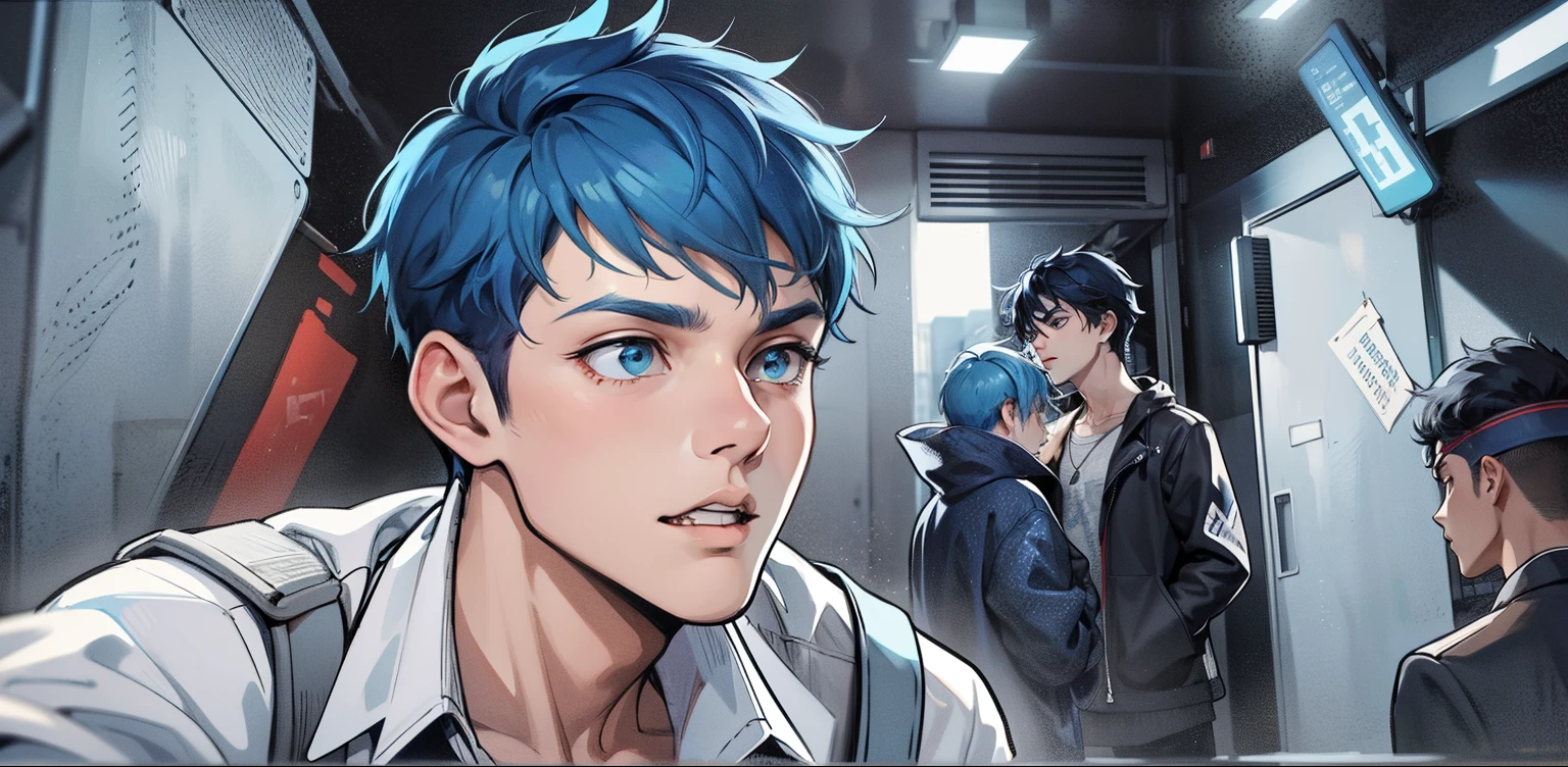 two cute boys with blue hair and the other with black hair are talking to him with concern, something bad is happening.
