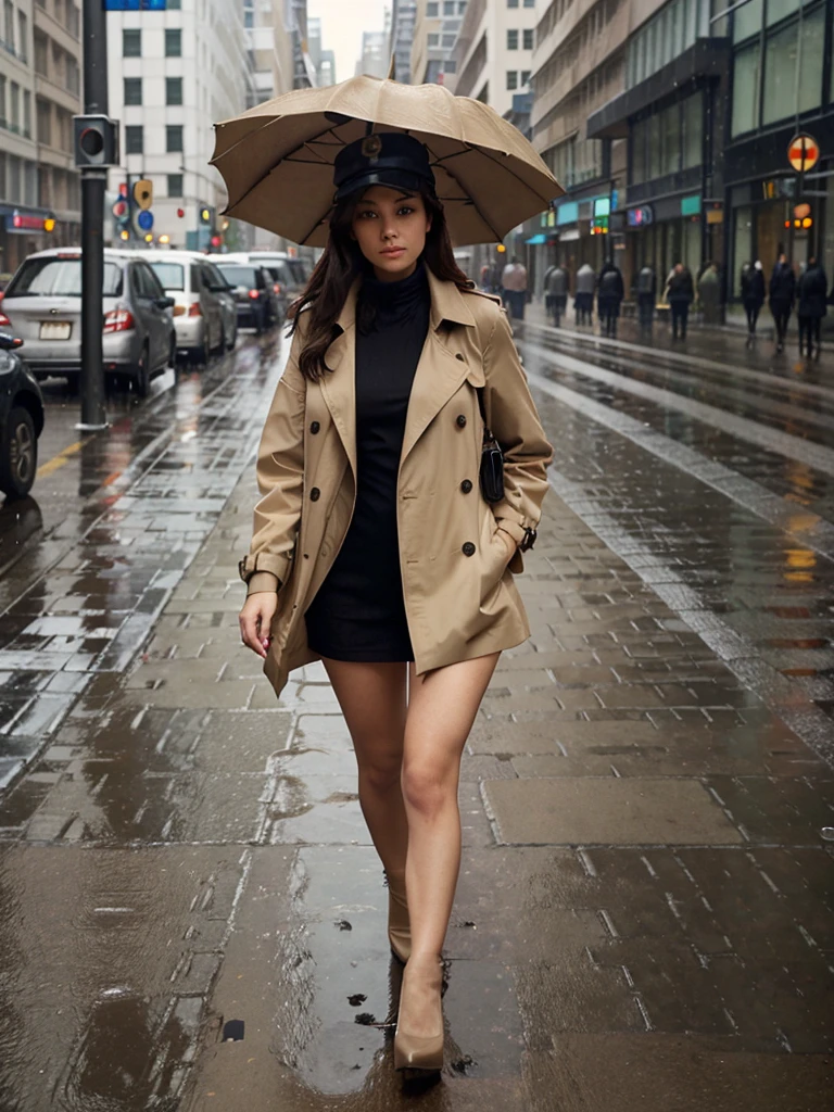 Girl in a black one-piece suit with a trench coat and beige hat, black heels, walking with an umbrella on rainy day, on an avenue sidewalk with railings towards the traffic channels