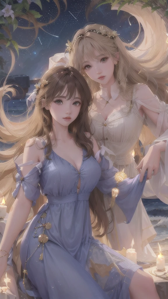 ( high quality , Super detailed, careful hand )Constellation - Gemini Goddess , Similar to Latin goodness , Twin goddesses , curious, skilled, humor, Tempting, Imaginative faces , Sometimes unrealistic, anxiety, nervous, Careless style , Light brown eyes , Light blonde hair , Sheer dress , In the windy ocean , whole body , Sexy makeup ,