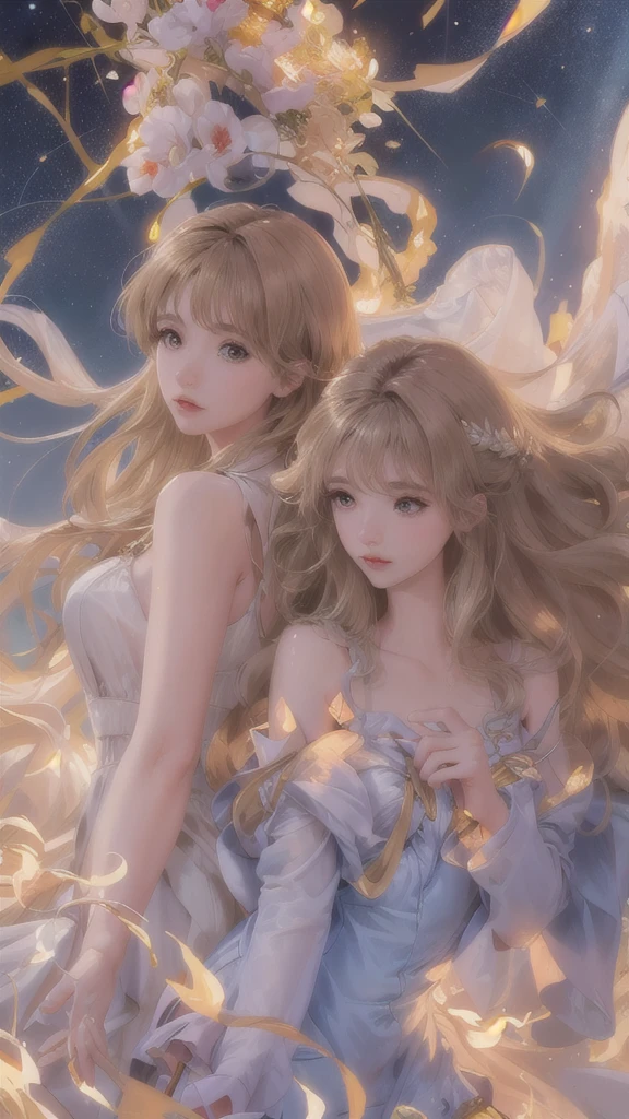 ( high quality , Super detailed, careful hand )Constellation - Gemini Goddess , Similar to Latin goodness , Twin goddesses , curious, skilled, humor, Tempting, Imaginative faces , Sometimes unrealistic, anxiety, nervous, Careless style , Light brown eyes , Light blonde hair , Sheer dress , In the windy ocean , whole body , Sexy makeup ,