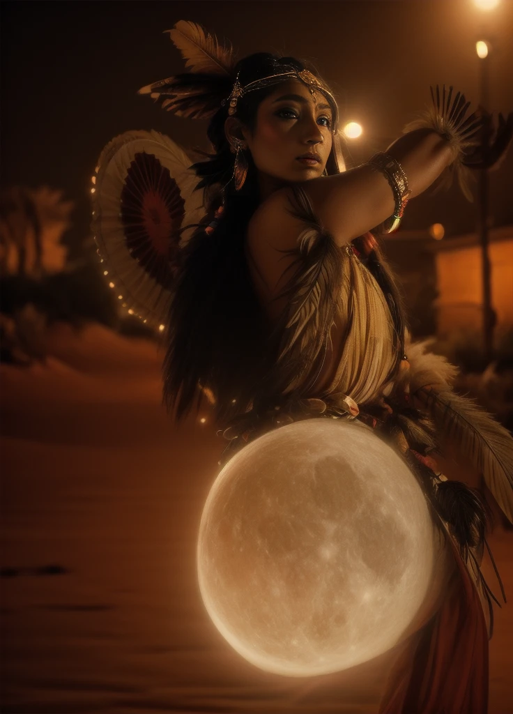 Beautiful Cherokee Indian woman with beautiful terracotta colored headdresses, blackw, doradas, cobre, Pearl, white and beige, feathers made of bright neon of various colors, flares on camera, bokeh, full moon night