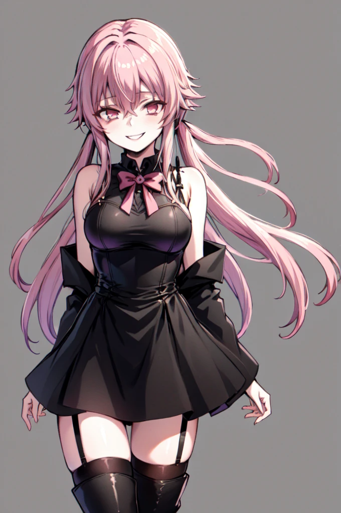 (masterpiece, best quality), yuno gasai, pink eyes, pink hair, long hair, bow, hair between eyes, twintails, hair bow, medium breasts, black thigh highs, black short dress, sleeveless dress, garter straps, black knee boots, standing, edgGesugao, sadistic smile