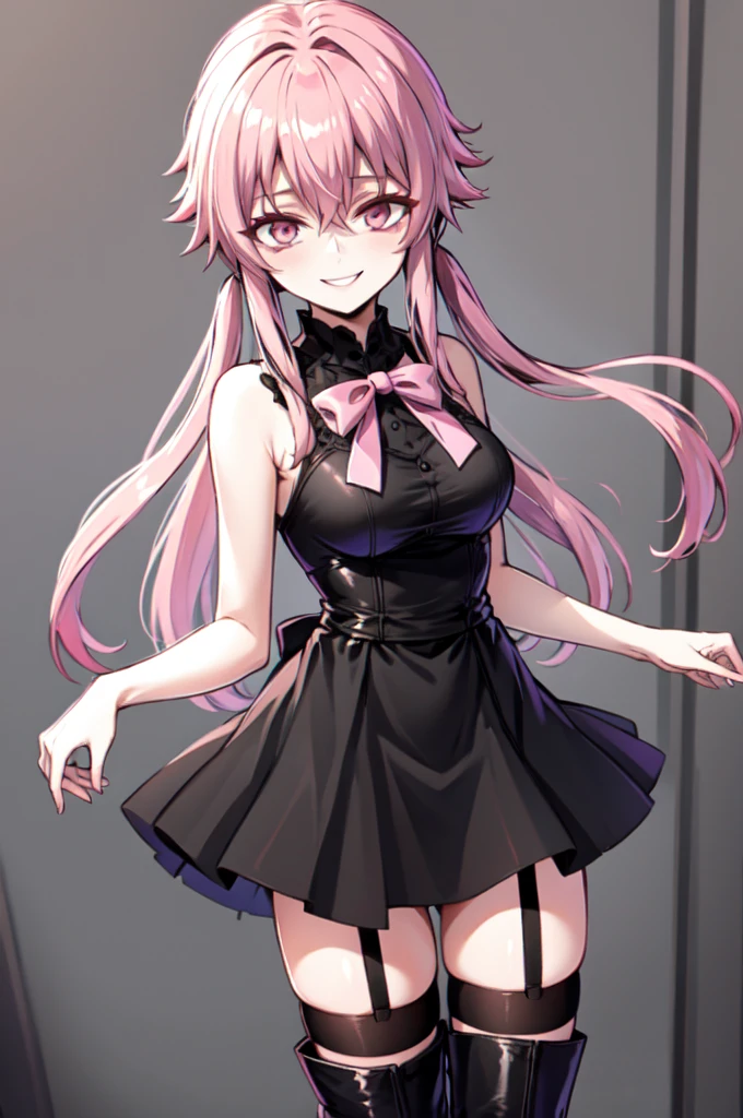 (masterpiece, best quality), yuno gasai, pink eyes, pink hair, long hair, bow, hair ween eyes, twintails, hair bow, medium breasts, black thigh highs, black short dress, sleeveless dress, garter straps, black knee boots, standing, edgGesugao, sadistic smile
