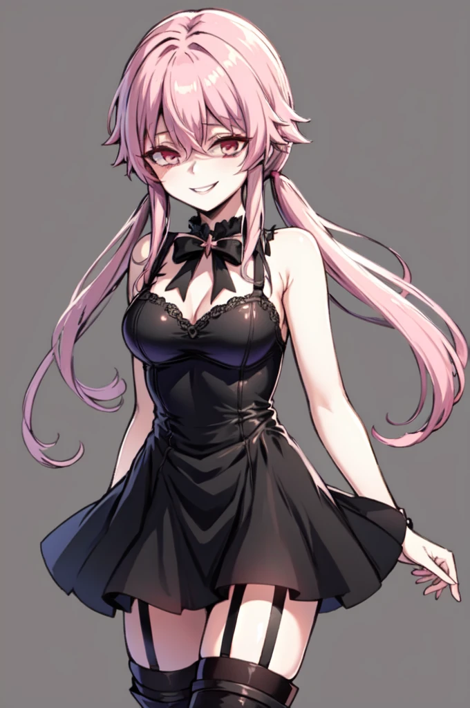 (masterpiece, best quality), yuno gasai, pink eyes, pink hair, long hair, bow, hair between eyes, twintails, hair bow, medium breasts, black thigh highs, black short dress, sleeveless dress, garter straps, black knee boots, standing, edgGesugao, sadistic smile