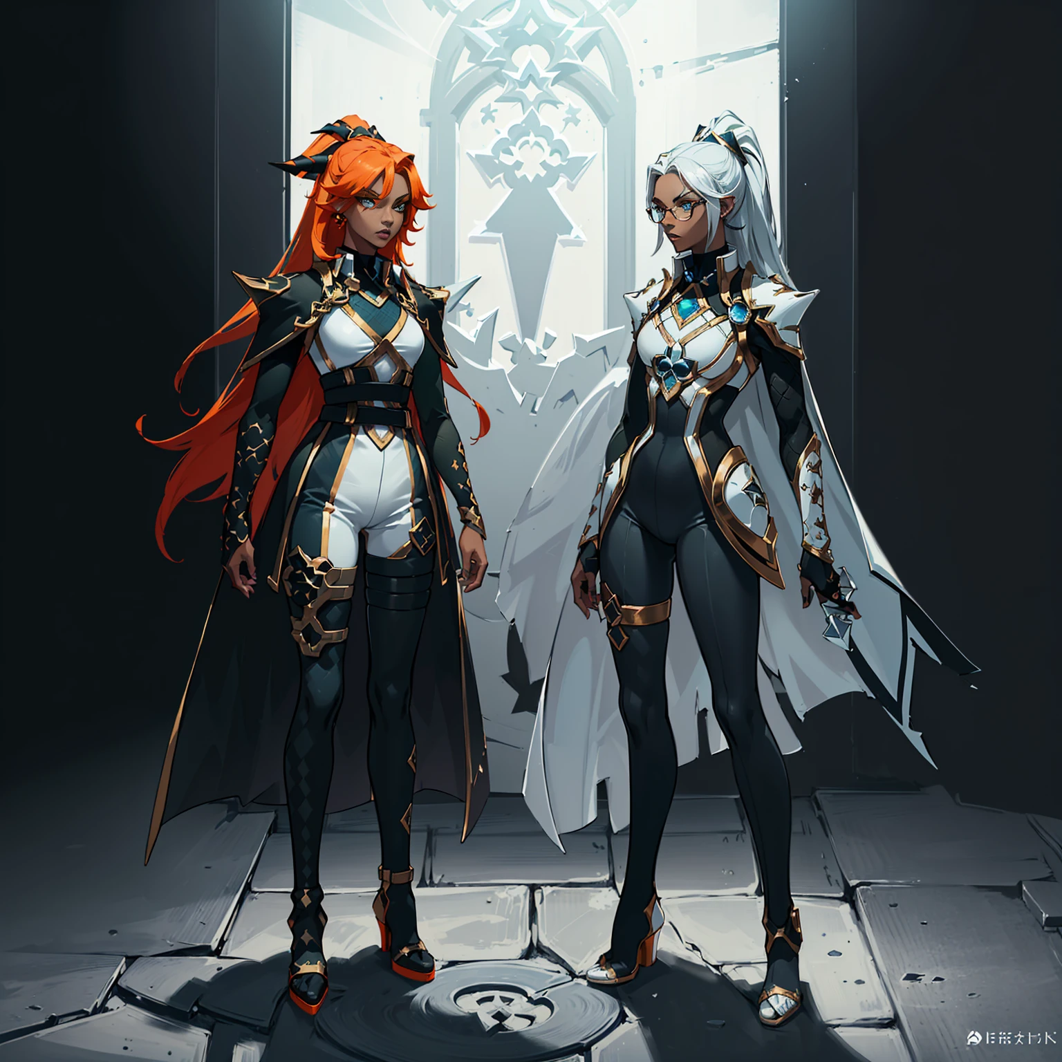 ((full body photo, standing, feet on the ground)) (((conceptual artwork))), (((one caracter))), female, (((darkskin)))), Black hair with ponytail, clear blue eyes, Round glasses with slightly dark lenses, this lens being orange, and the Light Blue frame, ((Black metallic gauntlets and greaves with orange and silver highlights)), (((The clothes have a mix of modern and tribal))), (((The clothes have a mix of modern and tribal))),  mainly black in color, but having Orange Parts, Shoulders exposed, On the Hip, a Short that extends to Half the Thigh in black.(((one caracter))), female, (((darkskin)))), Black hair with ponytail, clear blue eyes, Óculos redondos com uma pequena lente escura this lens being orange, and the Light Blue frame, (((Black metallic gauntlets and greaves with orange and silver highlights)), (((The clothes have a mix of modern and tribal)))), Having mainly black color, but having orange pieces, Shoulders on display, On the Hip one Shorts extending to Half Thigh in black.
