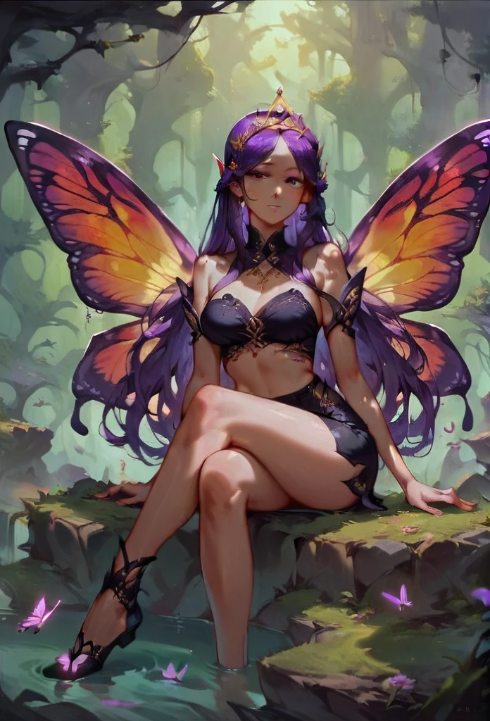 ASCII(score_9, score_8_up:1.1), score_7_up, 1girl, portrait,, purple hair, long hair, butterfly wings, glossy black skirt, glossy black top, void forest, sitting on rock, crossed legs, purple water, magical, golden tiara void