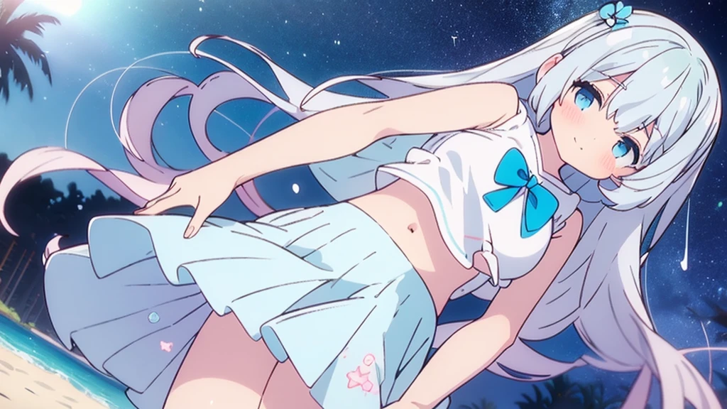 A nice white shirt that lets you see. 、Light blue flared skirt with ruffles、She lifts her skirt with both hands to show off her pretty white underwear.、Cute white underwear visible when you lift your skirt.、sandy beach, beautiful sea, night and starry sky small breasts