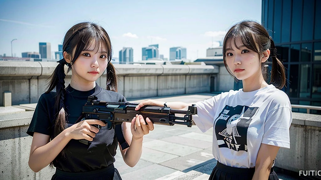 Top quality, 1 beautiful woman, ((Twintails)), wearing T-shirt, mini skirt, holding_gun, ak-47, 50mm lens, f/1, Moody Lighting, white background, (at Futuristic city:1.5)